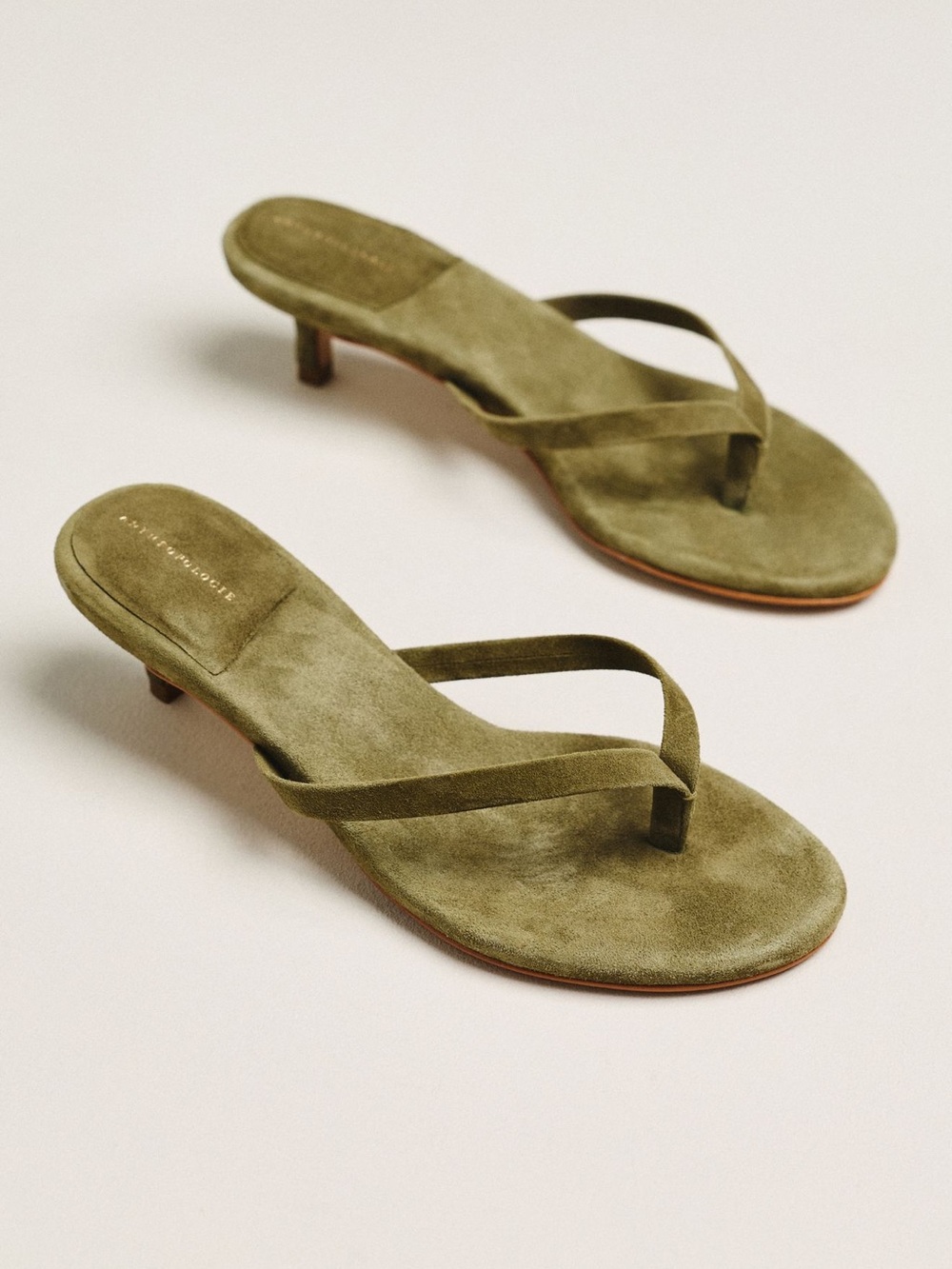 NWOB Anthropologie Olive Suede Slide Flip-Flop Kitten Heels - Picture 2 of 11